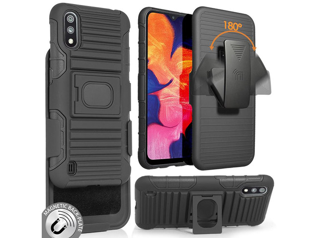 Black Rugged Grip Case Cover Stand + Belt Clip Holster for Samsung Galaxy A01