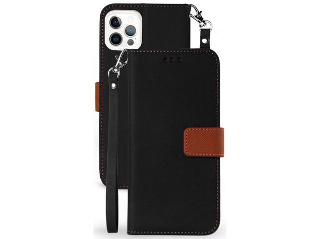 Black/Brown Wallet Case Card ID Slot Cover Wrist Strap for iPhone 12 Pro Max