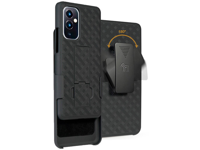 Black Hard Case Cover with Kickstand and Belt Clip Holster for OnePlus 9 Phone