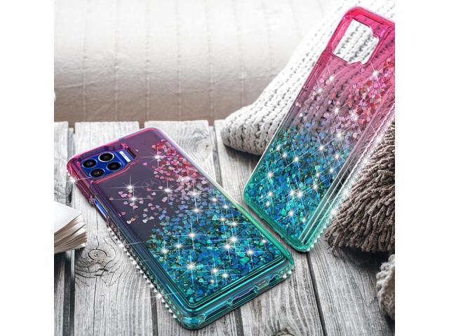 Pink Teal Liquid Sand Glitter Waterfall Case Cover for Motorola Moto One 5G UW