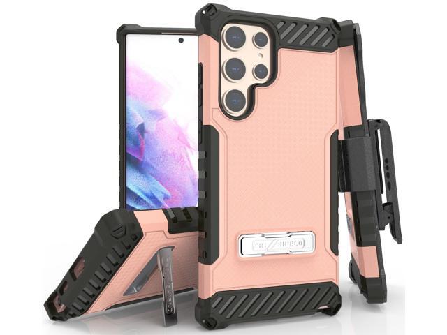 Blush Pink Rugged Case Stand + Belt Clip + Strap for Galaxy S22 Ultra 5G