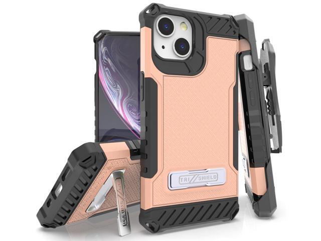 Blush Pink Rugged Case with Stand + Belt Clip Holster + Strap for iPhone 13