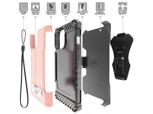 Blush Pink Rugged Case with Stand + Belt Clip Holster + Strap for iPhone 13