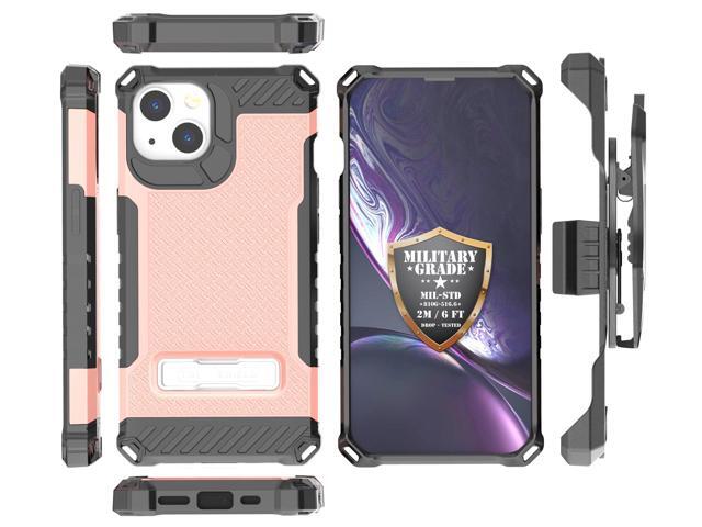 Blush Pink Rugged Case with Stand + Belt Clip Holster + Strap for iPhone 13
