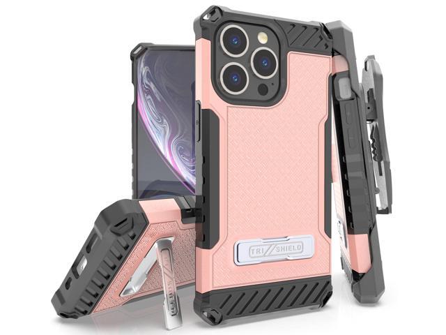 Blush Pink Rugged Case with Stand + Belt Clip Holster + Strap for iPhone 13 Pro