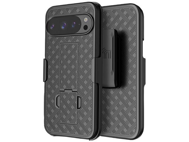 Slim Hard Case Stand and Belt Clip Holster for Pixel 10 Pro XL Phone - Black