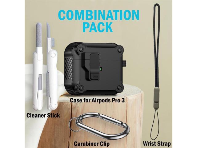 Secure Lock Rugged Case for Airpods Pro 3 (Lanyard + Clip + Cleaner Kit) - Black