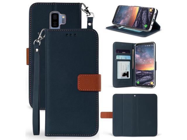 NAVY/BROWN WALLET CASE STAND + WRIST STRAP FOR SAMSUNG GALAXY S9 Plus, S9+