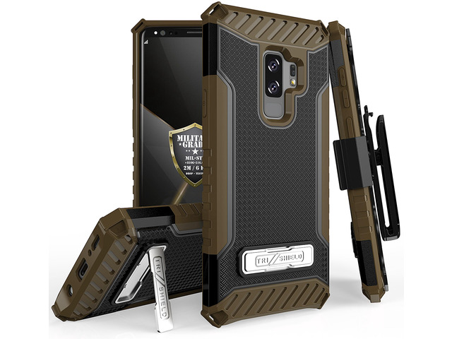 BROWN TRI-SHIELD CASE COVER STAND + BELT CLIP FOR SAMSUNG GALAXY S9 PLUS, S9+