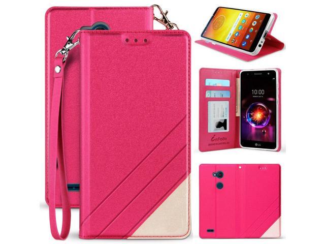 Pink Wallet Case ID Slot Cover Stand Lanyard Strap for LG X Power 3 (2018)