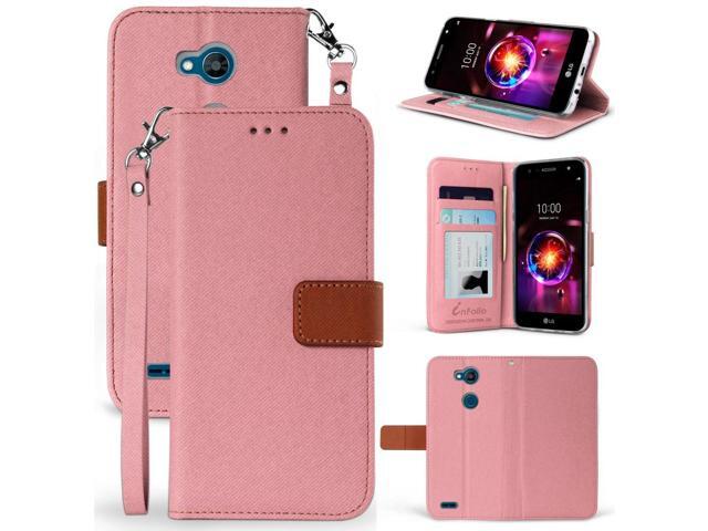Rose Gold Pink Wallet ID Card Case Cover + Wrist Strap for LG X Power 3 (2018)
