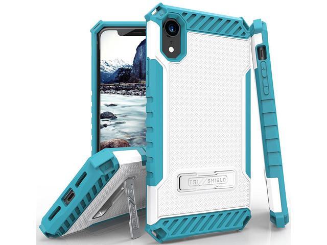 White Turquoise Rugged Case Cover Metal Stand + Strap for Apple iPhone XR 6.1'