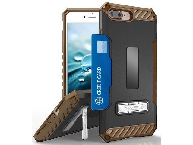 BROWN RUGGED CASE CREDIT CARD SLOT COVER + WRIST STRAP FOR iPHONE 8 PLUS, 7PLUS