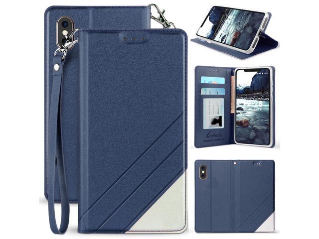 Blue Folio Wallet Case ID Cover Stand Wrist Strap for Apple iPhone Xs Max 6.5'