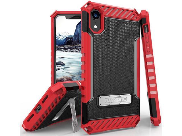 Red Tri-Shield Rugged Case Cover Metal Stand + Strap for Apple iPhone XR 6.1'