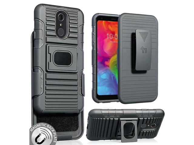 Black Magnet Grip Case Cover Stand + Belt Clip Holster for LG Q7 Plus, Q7, Q7+