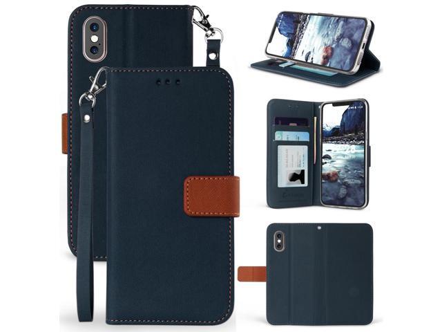 Navy/Brown Wallet Case Card Slot Cover Stand Strap for Apple iPhone Xs Max 6.5'