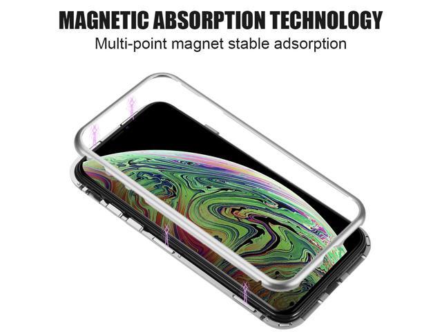 Silver Magnetic Snap Case Cover Clear Tempered Glass Back for iPhone XR 10R 6.1'