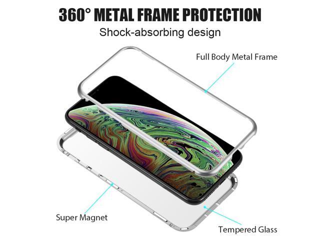 Silver Magnetic Snap Case Cover Clear Tempered Glass Back for iPhone XR 10R 6.1'