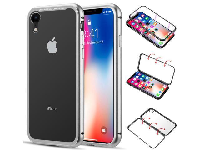 Silver Magnetic Snap Case Cover Clear Tempered Glass Back for iPhone XR 10R 6.1'