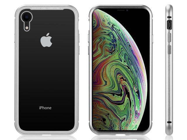 Silver Magnetic Snap Case Cover Clear Tempered Glass Back for iPhone XR 10R 6.1'
