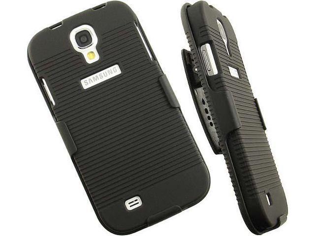 BLACK RUBBERIZED HARD CASE + BELT CLIP HOLSTER STAND FOR GALAXY S4 S IV PHONE