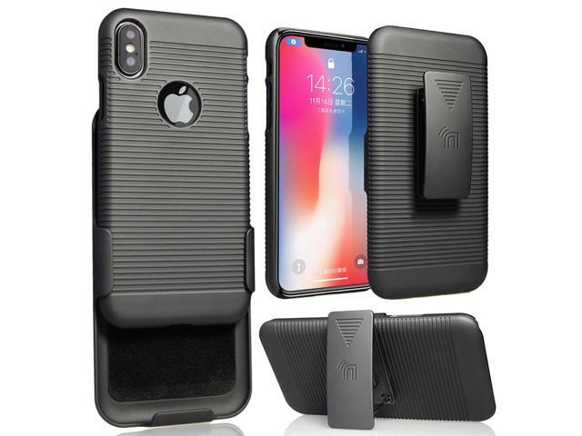 Black Ribbed Hard Case Cover + Belt Clip Holster Combo for Apple iPhone X / 10