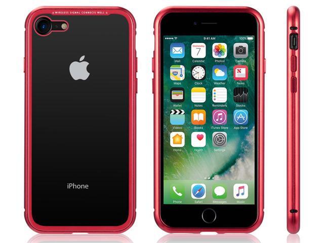 Red Magnetic Snap Case Cover Clear Tempered Glass Back for Apple iPhone 8/7