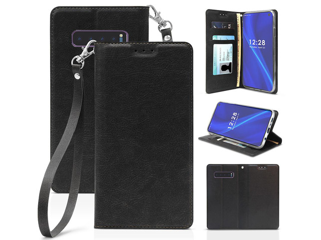 Black Wallet Case Credit Card Slot Cover + Wrist Strap for Samsung Galaxy S10
