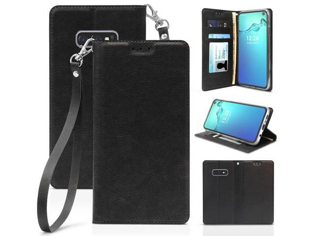 Black Wallet Case Credit Card Slot + Wrist Strap for Samsung Galaxy S10e