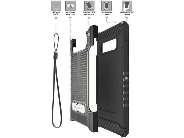 Black Rugged Tri-Shield Case Cover with Kickstand Lanyard for Samsung Galaxy S10