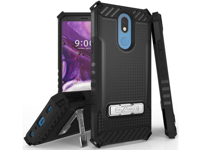 Black Tri-Shield Rugged Case Cover Kickstand Lanyard for LG K40, Solo, K12 Plus