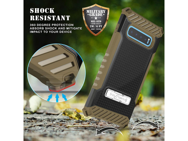 Brown Rugged Tri-Shield Case Cover Kickstand Wrist Strap for Samsung Galaxy S10