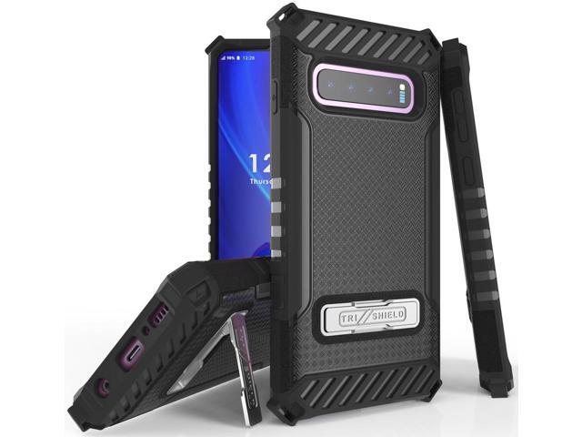 Black Rugged Tri-Shield Case Cover with Kickstand Lanyard for Samsung Galaxy S10