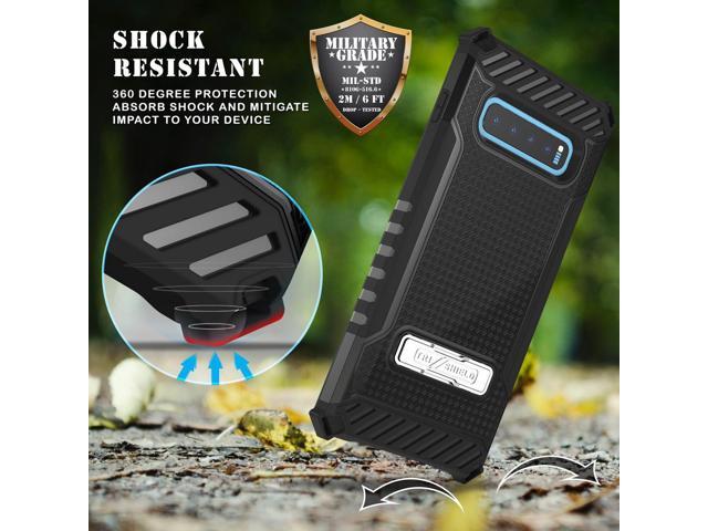 Black Rugged Tri-Shield Case Cover with Kickstand Lanyard for Samsung Galaxy S10