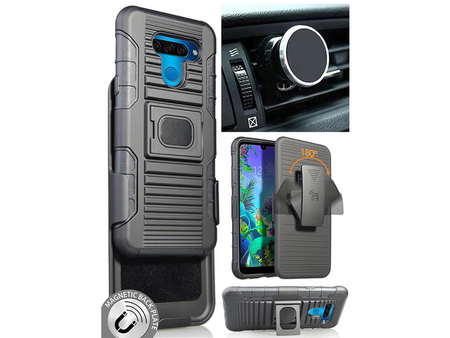 Black Rugged Grip Case Stand + Belt Clip + Magnetic Car Mount for LG K50, Q60