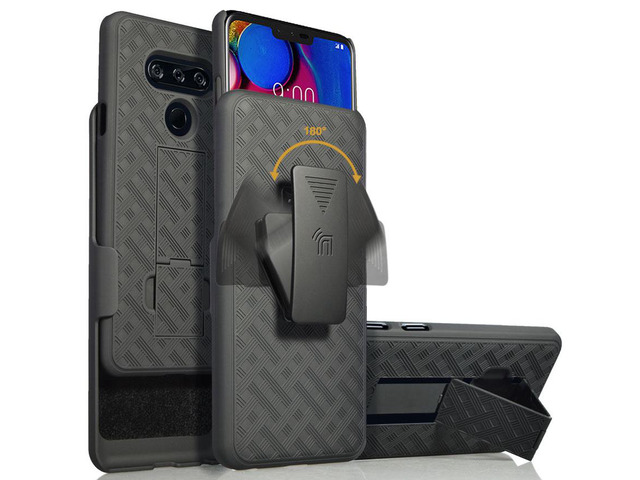 Black Ribbed Case Kick Stand Hard Cover + Belt Clip Holster for LG V40 ThinQ