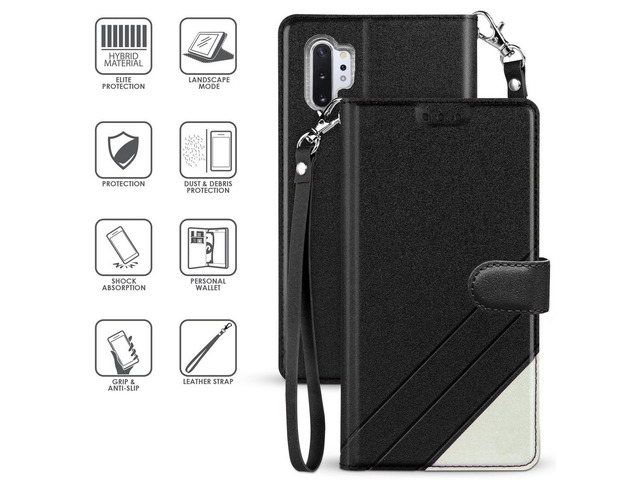 Black Wallet Case Stand Card Slot Cover + Wrist Strap for Galaxy Note 10 Plus