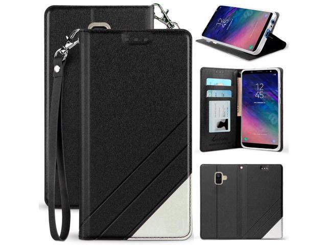 Black Folio Wallet Case Cover Stand Wrist Strap for Samsung Galaxy A6, SM-A600