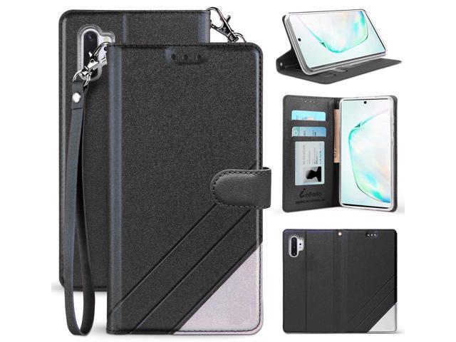 Black Wallet Case Stand Card Slot Cover + Wrist Strap for Galaxy Note 10 Plus