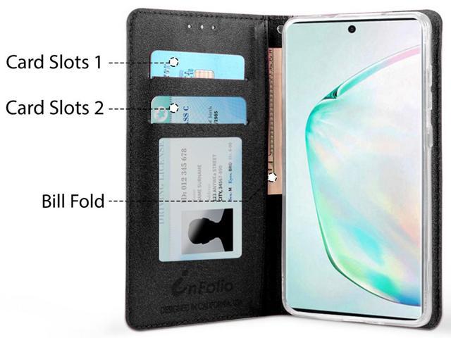 Black Wallet Case Stand Card Slot Cover + Wrist Strap for Galaxy Note 10 Plus