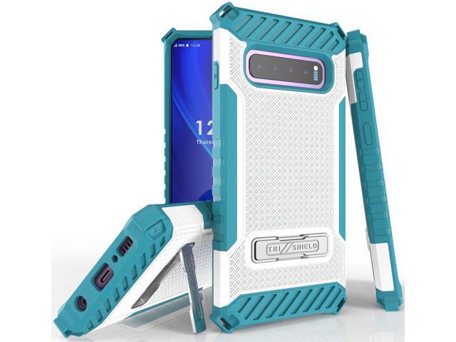 White Turquoise Rugged Case Cover with Kickstand Lanyard for Samsung Galaxy S10
