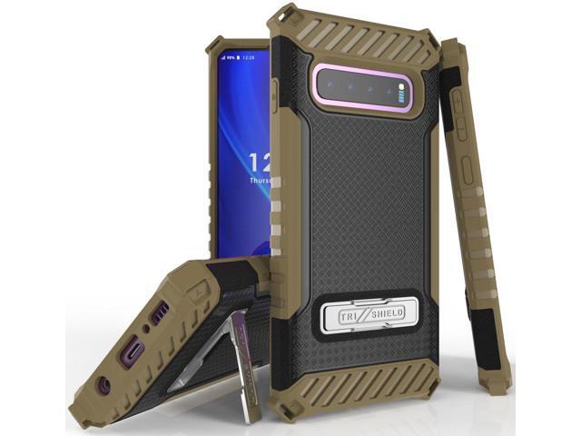 Brown Rugged Tri-Shield Case Cover Kickstand Wrist Strap for Samsung Galaxy S10