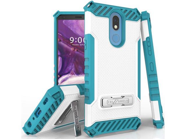 White/Turquoise Rugged Case Cover Kickstand Lanyard for LG K40, Solo, K12 Plus
