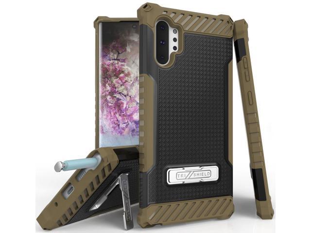 Brown Rugged Tri-Shield Case Cover Kickstand Wrist Strap for Galaxy Note 10 Plus