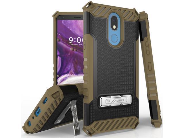 Brown Tri-Shield Rugged Case Cover Kickstand Strap for LG K40, Solo, K12 Plus