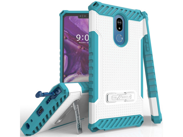 White/Turquoise Tri-Shield Rugged Case Cover Stand Wrist Strap for LG Stylo 5