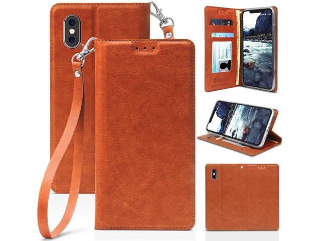 Brown Durable Wallet Case Cover Stand Wrist Strap for iPhone Xs Max (10s Max)