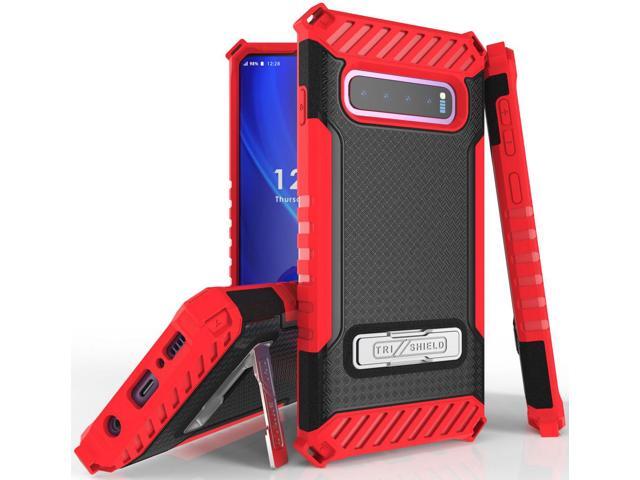 Red Rugged Tri-Shield Case Cover with Kickstand Lanyard for Samsung Galaxy S10