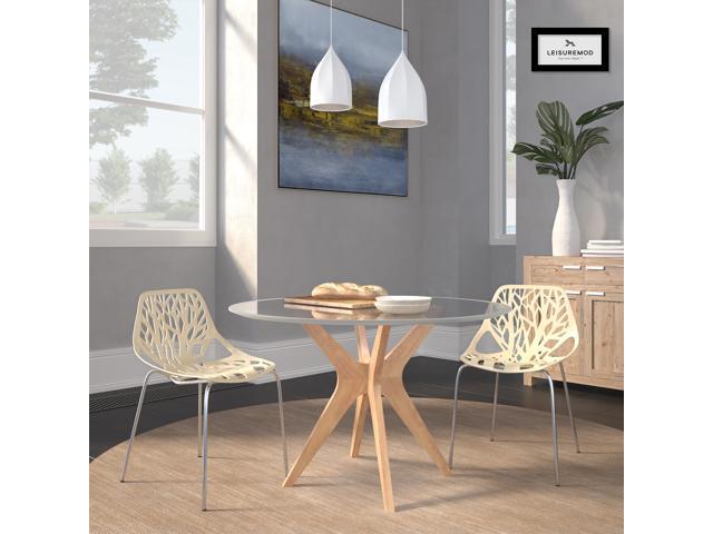 LeisureMod Asbury Modern Tree-Design Dining Chair With Chromed Legs in Cream Set of 2